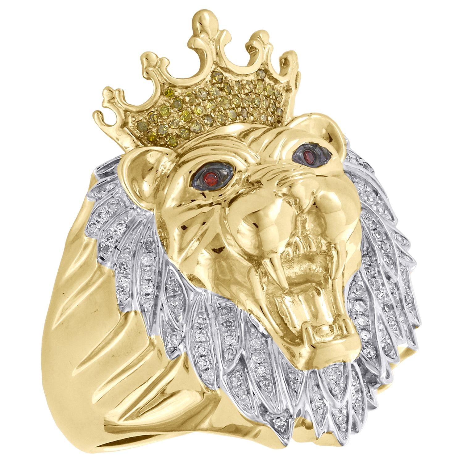 10K Yellow Gold Mens Diamond Lion Crown King Pinky Ring 33mm Pave Band