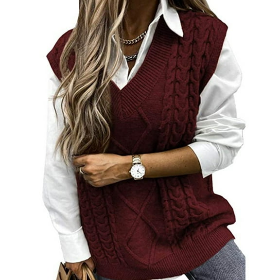 Women Sweater Vest V-Neck Knitted Sleeveless-Jumpers Solid Color Loose Oversize Twists Pattern Pullover Tank-Top