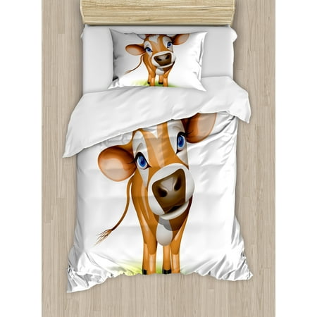 Cow Eye - Baby Twin Size Duvet Cover Set, Digitally Composed Cow with Beautiful Captivating Eyes Livestock Theme, Decorative 2 Piece Bedding Set with 1 Pillow Sham, Cinnamon Royal Blue Green, by Ambesonne