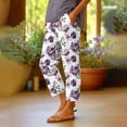 thumbnail image 5 of Linen Cropped Pants for Women Casual Wide Leg Plaid Capris with Pockets Elastic Waist Lounge Trousers Purple, 2XL, 5 of 5