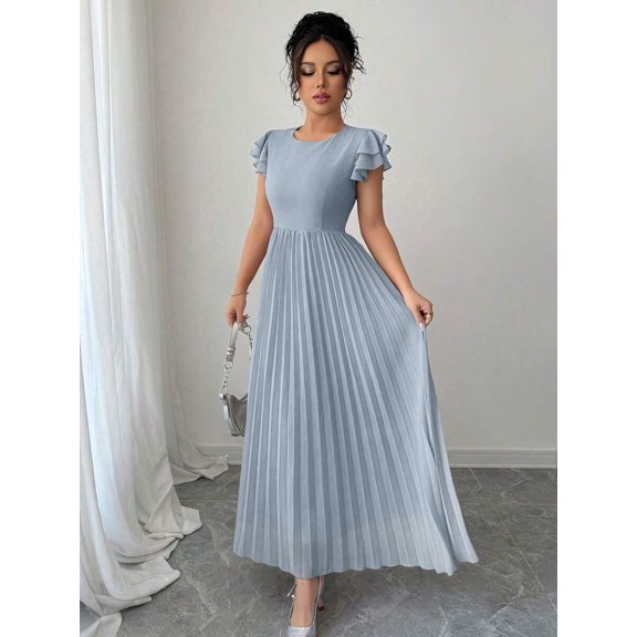 Gray Blue Women Ruffle Sleeve Pleated Maxi Dress With Scoop Neck And Relaxed Fit