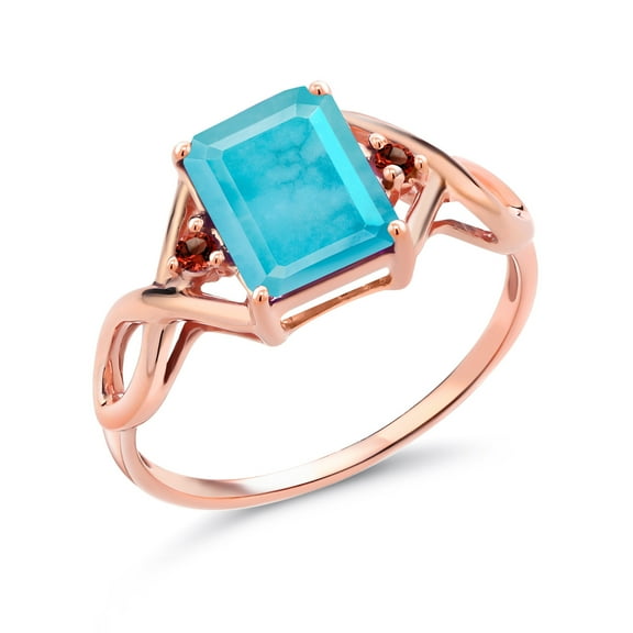Gem Stone King 1.90 Ct Emerald Cut Green Turquoise Red Garnet 18K Rose Gold Plated Silver Ring (Size 5)