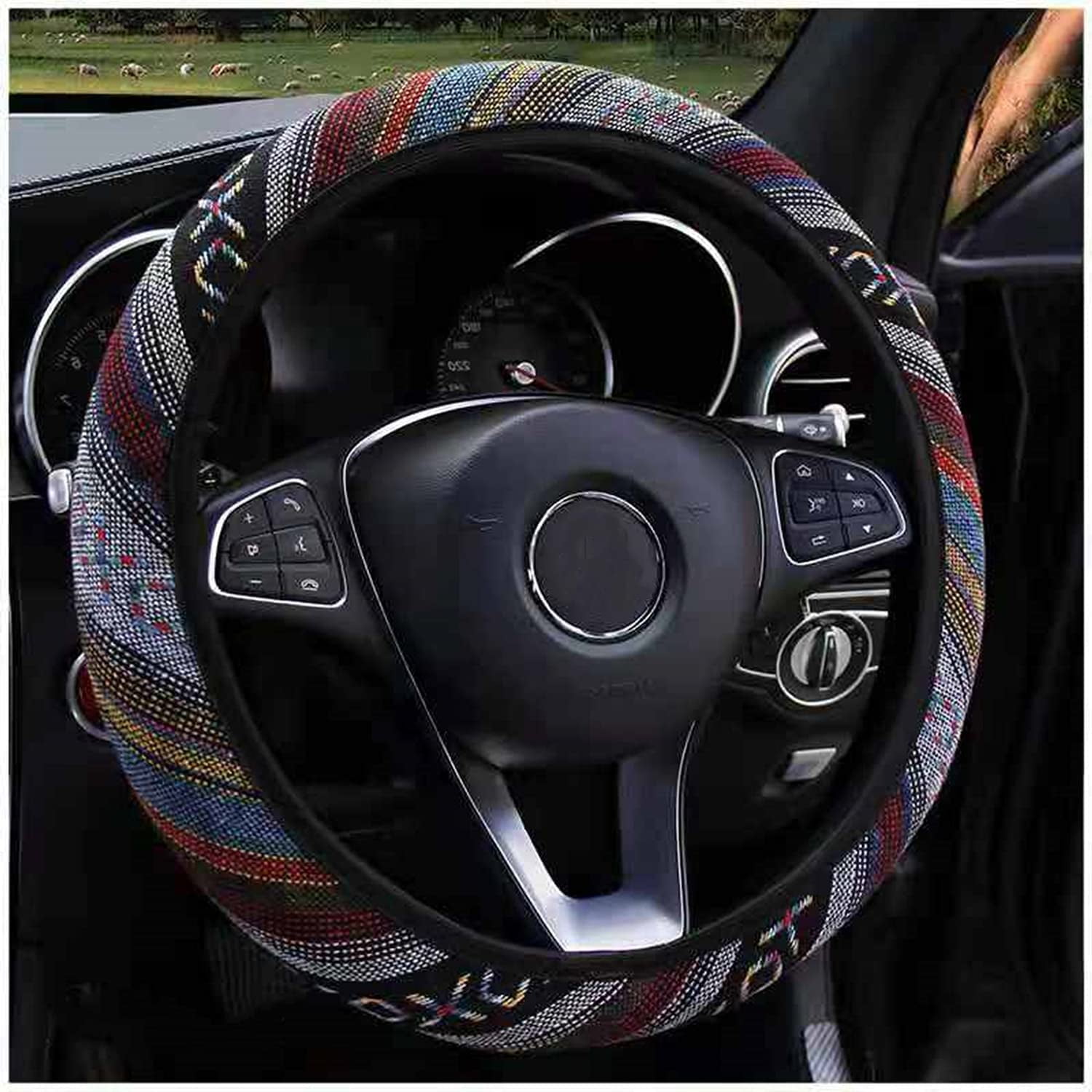 ISTN 2018 Large Ethnic Style Coarse Flax Cloth Automotive Steering Wheel Cover Anti Slip and Sweat Absorption Auto Car Wrap Cover 