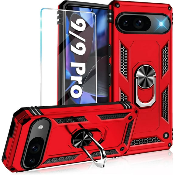 KOMI for Google Pixel 9/9 Pro Case with Screen Protector, Military Grade Pixel 9/9 Pro Phone Case Rugged Shockproof Heavy Duty Protective Cover with Kickstand Magnetic Ring Holder Pixel 9/9 Pro Red