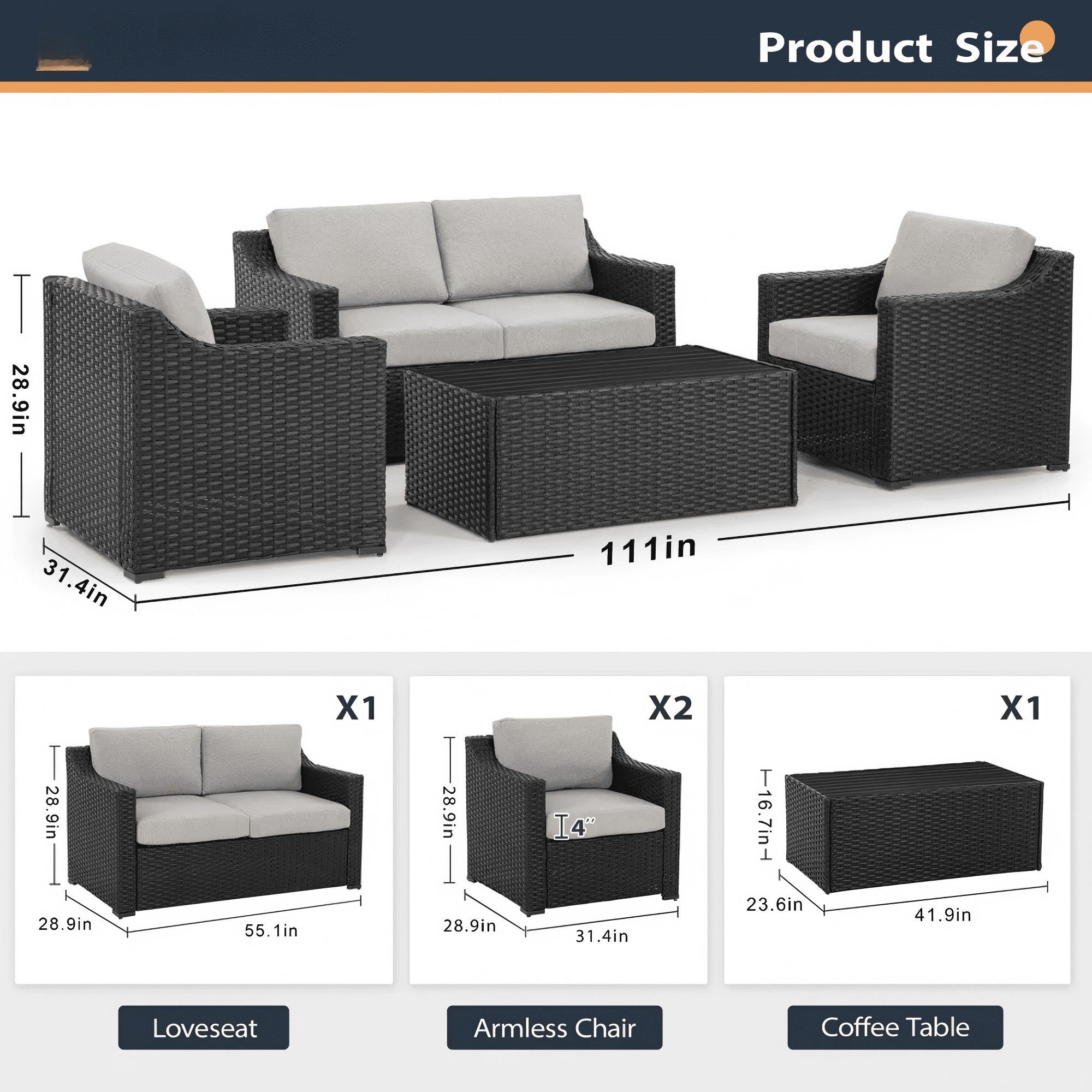 4 Piece Patio Furniture Set Outdoor Wicker Rattan Sofa Set with Loveseat Chairs Wood Coffee Table Cushioned Seating for Backyard Porch Garden (Brown/Grey)