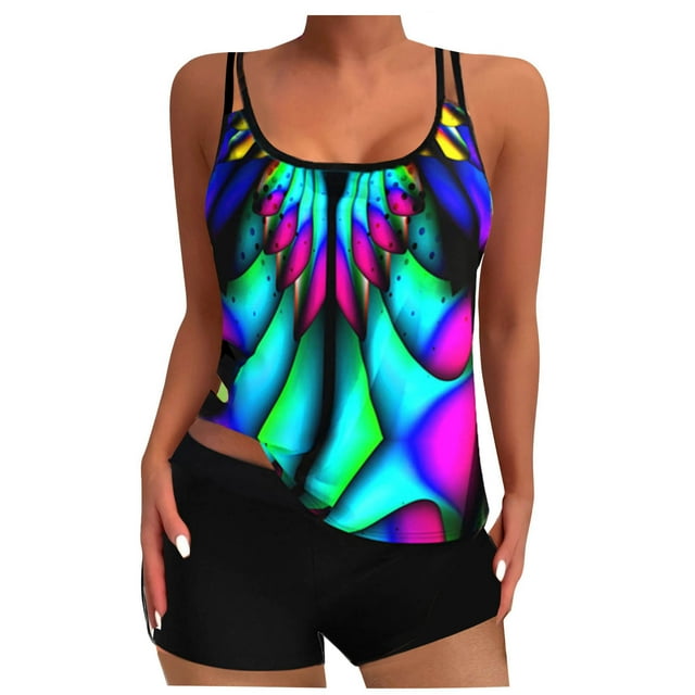 Maillots de Bain Grande Taille pour Femmes, Tankini Maillots de Bain pour Femmes Deux Pièces Maillots de Bain Col Rond Bloc de Couleur Débardeurs Longs avec Shorts P-5TG Maillots de Bain pour Femmes