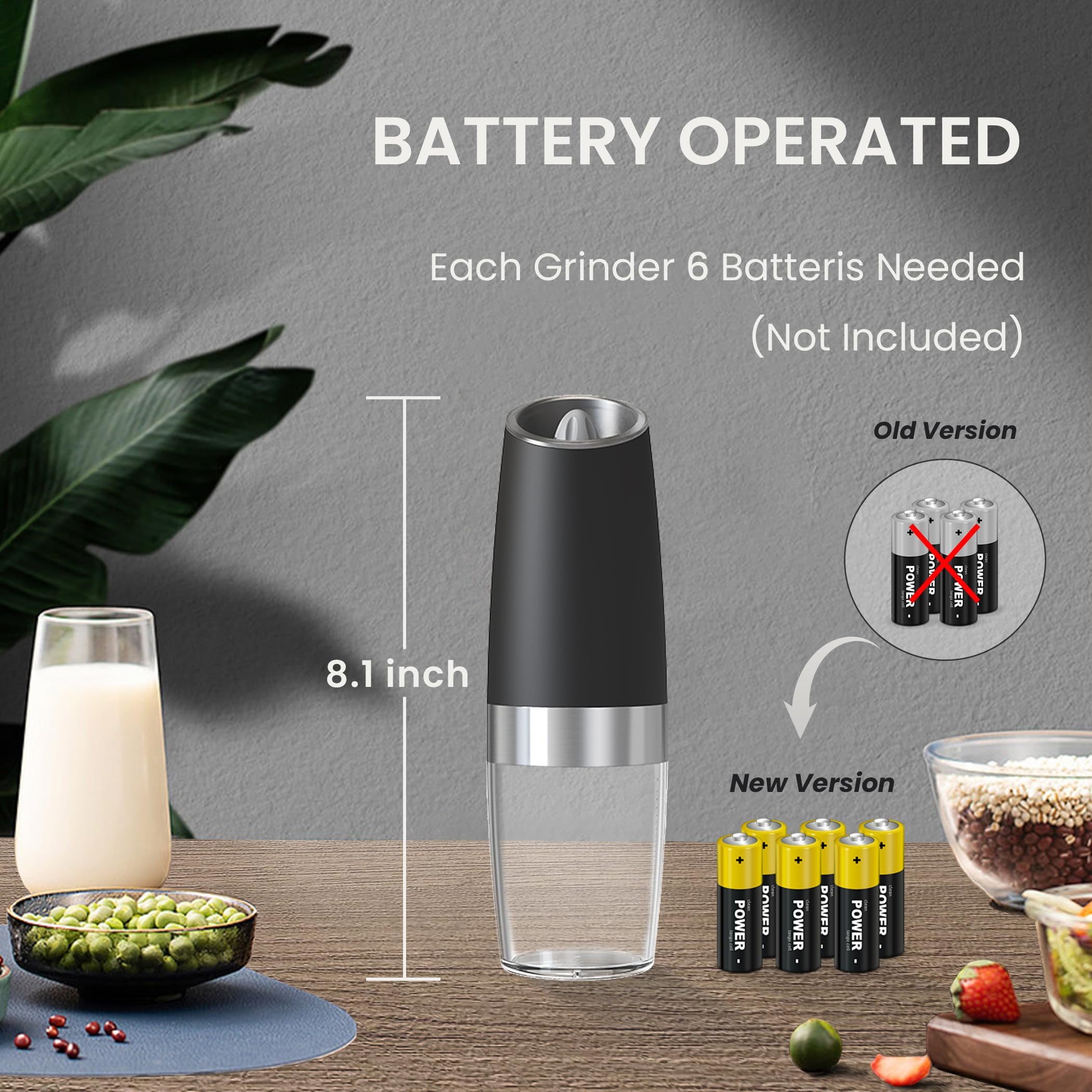 Gravity-Activated Electric Salt and Pepper Grinder Set,Grade ABS Construction, Easy-Clean Washable Hoppers, Ideal for Arthritis Users, 2 Pack, Black