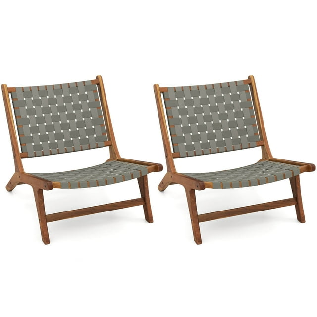 Coatway 2 PCS Patio Teak Wood Chair with Nylon Webbing Seat & Back for Backyard, Porch