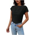 thumbnail image 2 of Women Tshirts Women Tops Summer Women's Solid Color Blouses Short Sleeved Round Neck Pullover Fashionable Top Black XS, 2 of 8