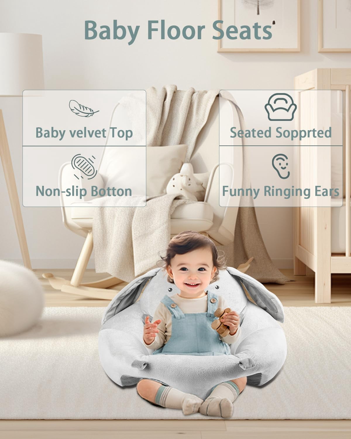 Baby Gym Play Mat, Sitting-up Babies Seats for Infants,with 5 Detachable Toys, Infant Toddler Activity Tummy Time Playmats for Newborn 0-12 Months, Grey