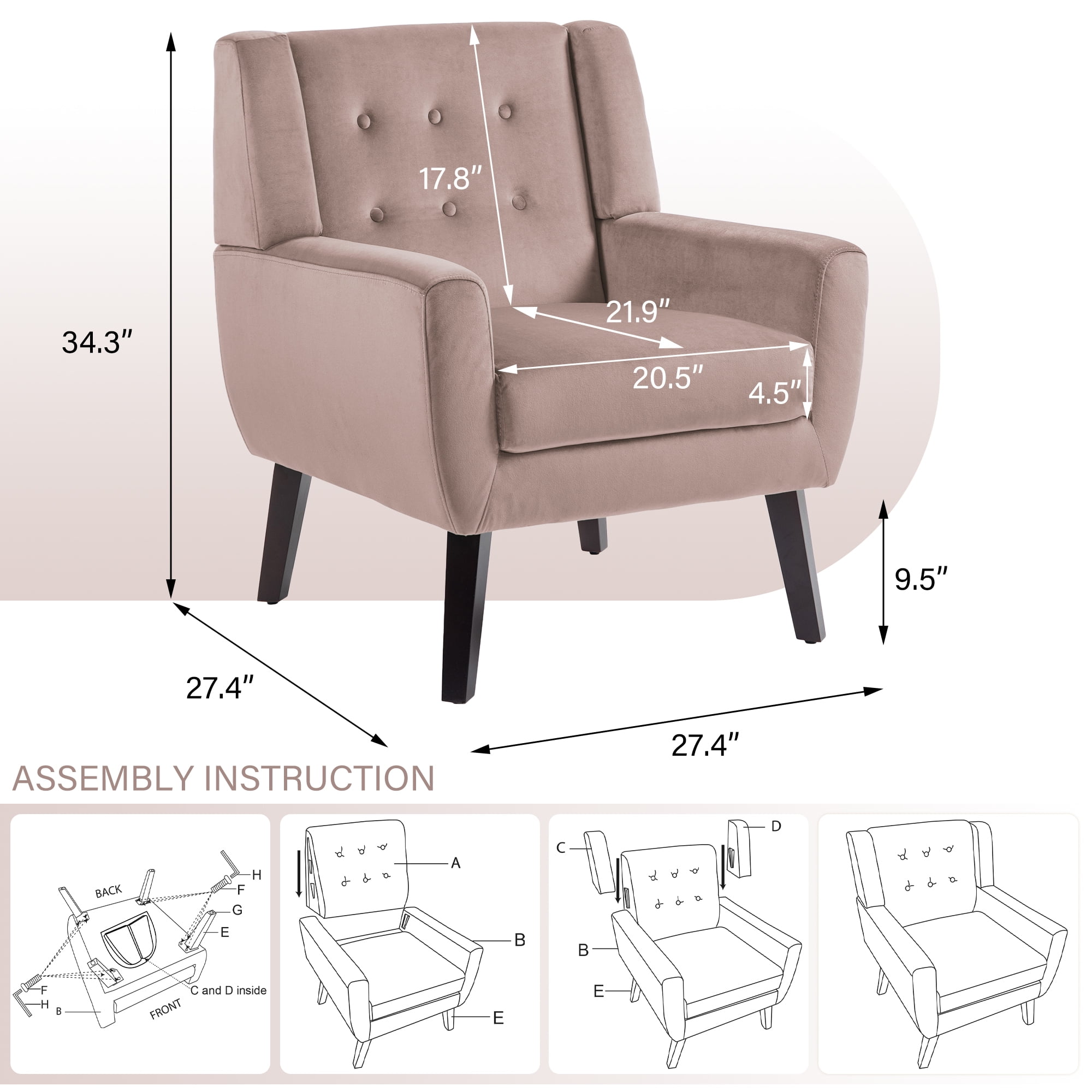 DREAMSIDEA Modern Button Tufted Accent Chair Set of 2 Upholstered Armchair Indoor,Velvet Living Room Chair for Bedroom, Pink