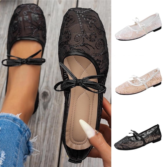 WAVSUF Womens Ballet Flats Cute Bowknot Breathable Mesh Square Toe Trendy Summer Breathable Shoes Black 9