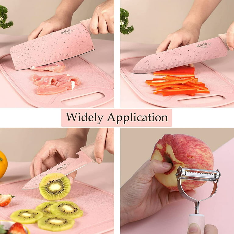 9PC Pink Wheat Straw Sharp Cooking Knife Set with Acrylic Stand