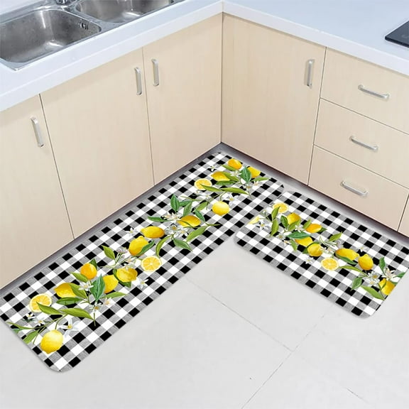 Summer Lemon Kitchen Rugs Set of 2 Floor Mats, Farmhouse Vintage Black Buffalo Plaid Kitchen Rugs and Mats Non Skid, Cushioned Comfort Standing Mats, 16"x24" 16"x48"