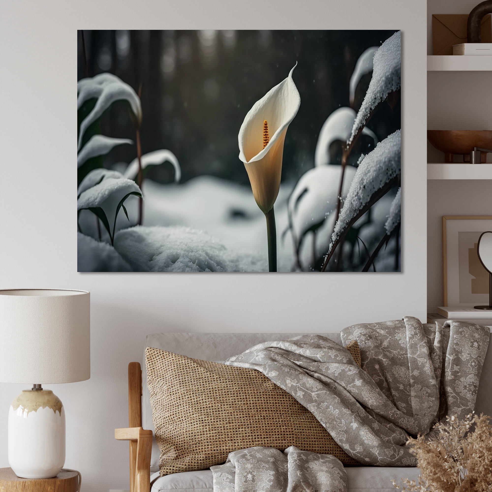 Designart A Blooming White Calla Lily Flower Winter II Canvas Wall Art