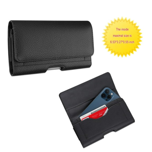 XL Horizontal Phone Pouch with Belt Clip and Card Holder – Black PU Leather Holster Belt Loop Case for Large Smartphones