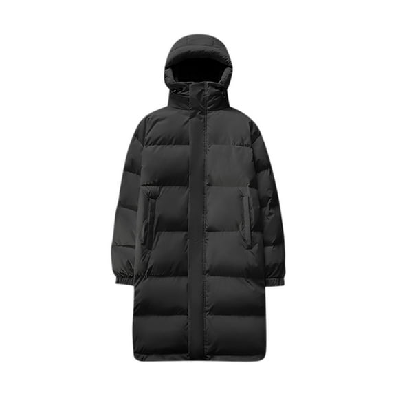 Kilaqueen Men's Puffer Jacket Long-Length Button Zip Up Waterproof Coat with Hooded Thicken Puffy Warm Down Windbreaker Puffer Jacket