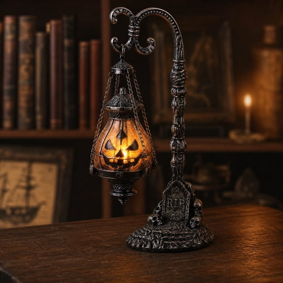 Gothic Glowing Pumpkin Statue, 6in Resin Graveyard Jack-o-Lantern Accent Decor for Tabletop, Fireplace Mantel, Shelf, Halloween Party