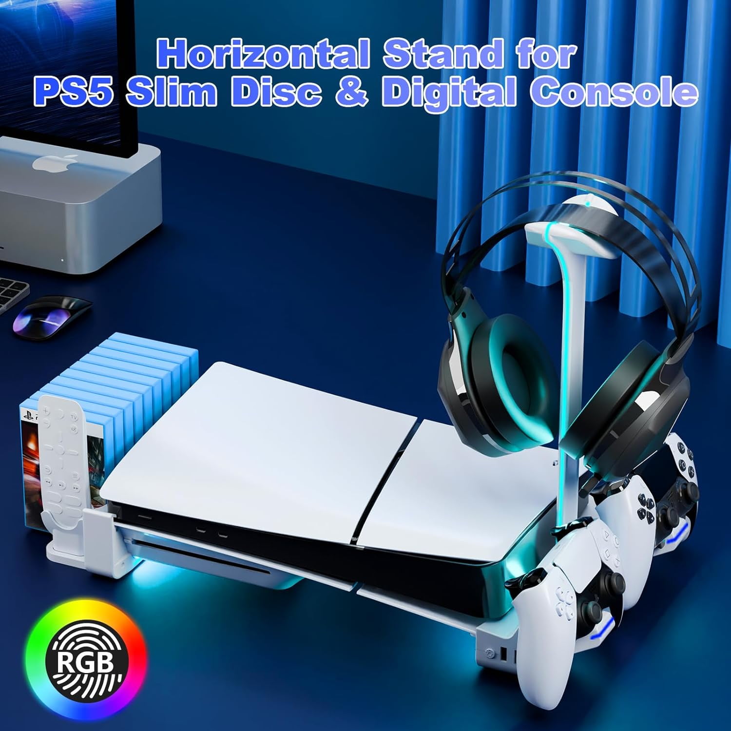 Horizontal Stand for PS5 Slim Disc & Digital Console, Playstation 5 Slim Stand with Dual Controller Charger and 7 RGB Light, PS5 Slim Accessories for PS5 Slim Console (NOT Fit PS5), White