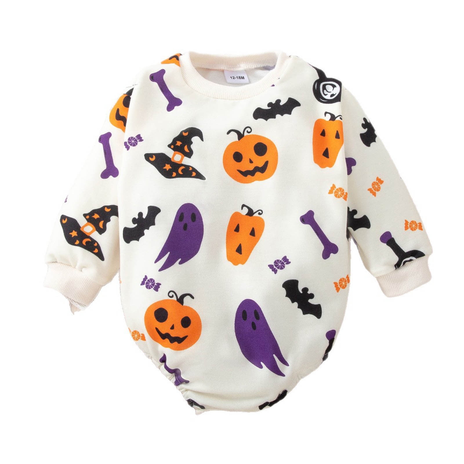 Bainana Girls Boys Halloween Romper Pumpkin Print Long Sleeve Crew Neck Jumpsuit Fashion Unisex Baby Kids Theme Party Bodysuit 0-6 Months White