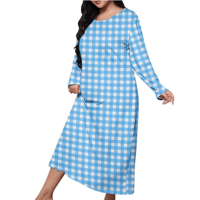 Mgmyaa Chemise de Nuit pour Femmes Manches Longues Col Rond Imprimé Chemise de Nuit Longue Vêtements de Détente Robe Maxi Décontractée Robes de Maison
