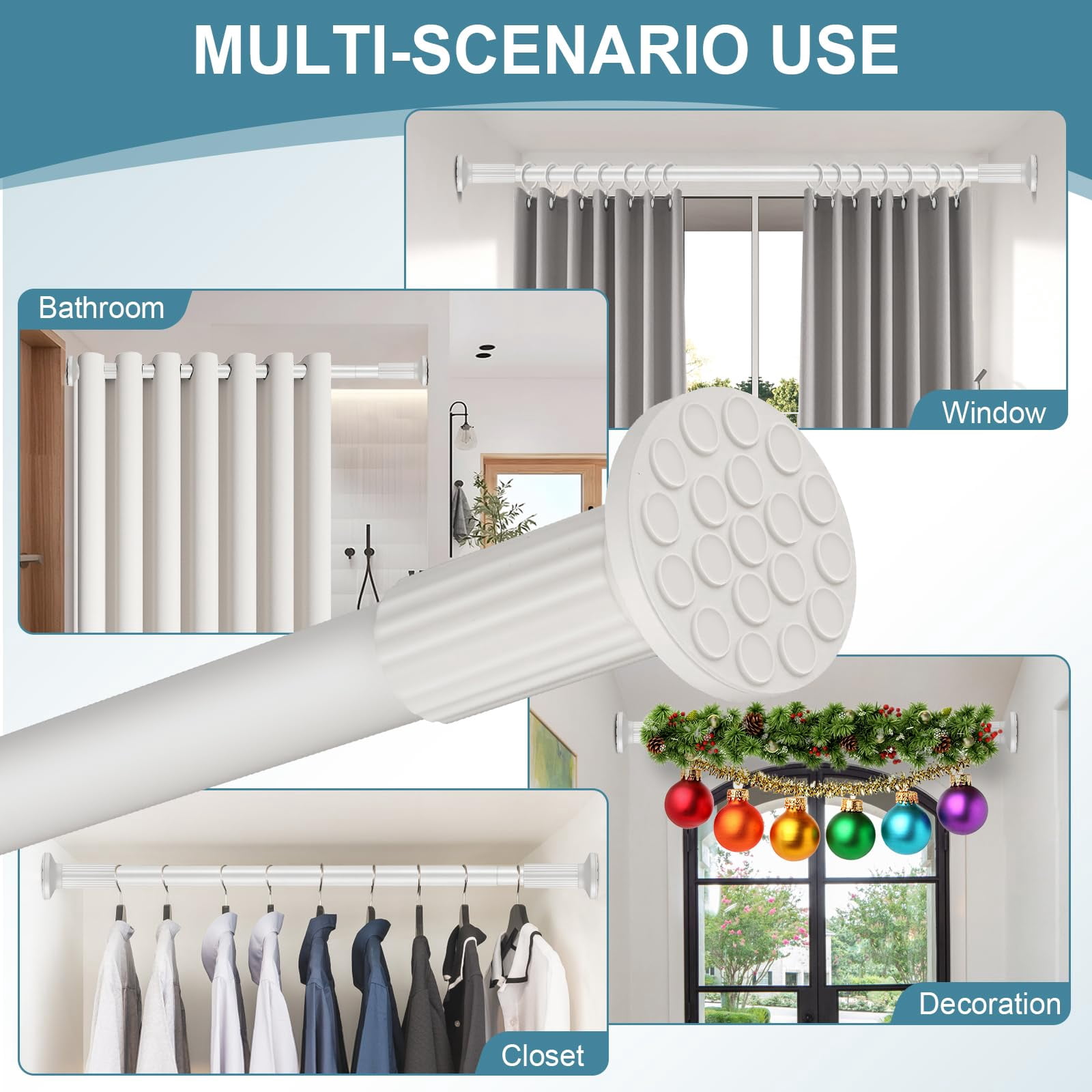 VEGCOO Tension Curtain Rod 51-148 Inch (4.25-12Ft), Extra Long Outdoor Tension Curtain Rod for Patio, Adjustable Shower Curtain Rod No Drilling, Spring Tension Rod for Bathroom Window, Easy to Instal