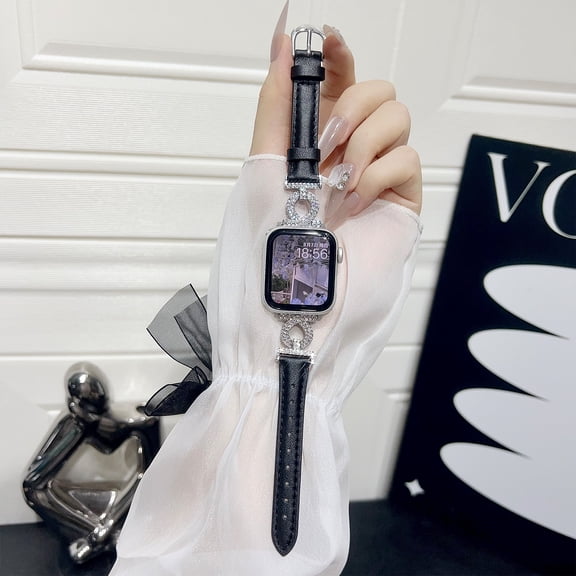 BandPlus Leather Band Compatible with Apple Watch 41mm 40mm 38mm 42mm(series 10), Bling Strap with Diamond Metal Links Fashion Luxury Elegant Replacement Wristwatch Band for Women, Blacksilver