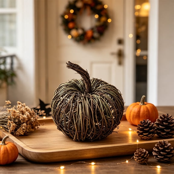 Miwamany 5.9 inch Natural Grapevine Rattan Pumpkin Decor, Handcrafted Wicker Tabletop Centerpiece for Fall Thanksgiving Halloween, Shelf Mantel Decoration