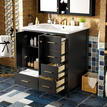 30'' Bathroom Vanity with Ceramic Sink Combo, Solid Wood Frame Bathroom Storage Cabinet, Freestanding Vanity Set with 4 Drawers& Soft Closing Doors, Faucet Not Include, Black
