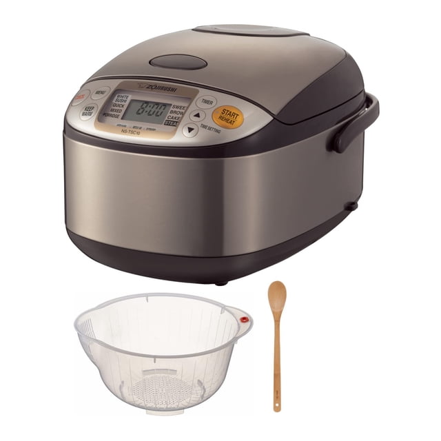Olla Arrocera y Calentadora Micom Zojirushi (5.5 Tazas/Marrón Acero Inoxidable) Paquete con Cuenco para Lavar Arroz y Cuchara de Bambú (3 Artículos)