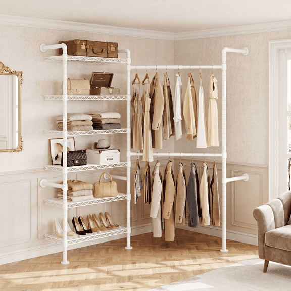 ROGALIS L2 Wall Mounted Clothes Rack, Industrial Pipe Closet Organizers System with 2 Telescopic Rod & 6 Shelves