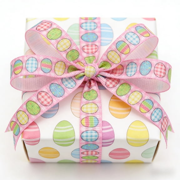 QuanTara Easter Ribbon 177.17in Long, 0.39in Wide - Bunny Egg Checkered Pattern Polyester Ribbon for Gift Wrapping, Wreath Bows, DIY Crafts, Spring Holiday Party Decorations