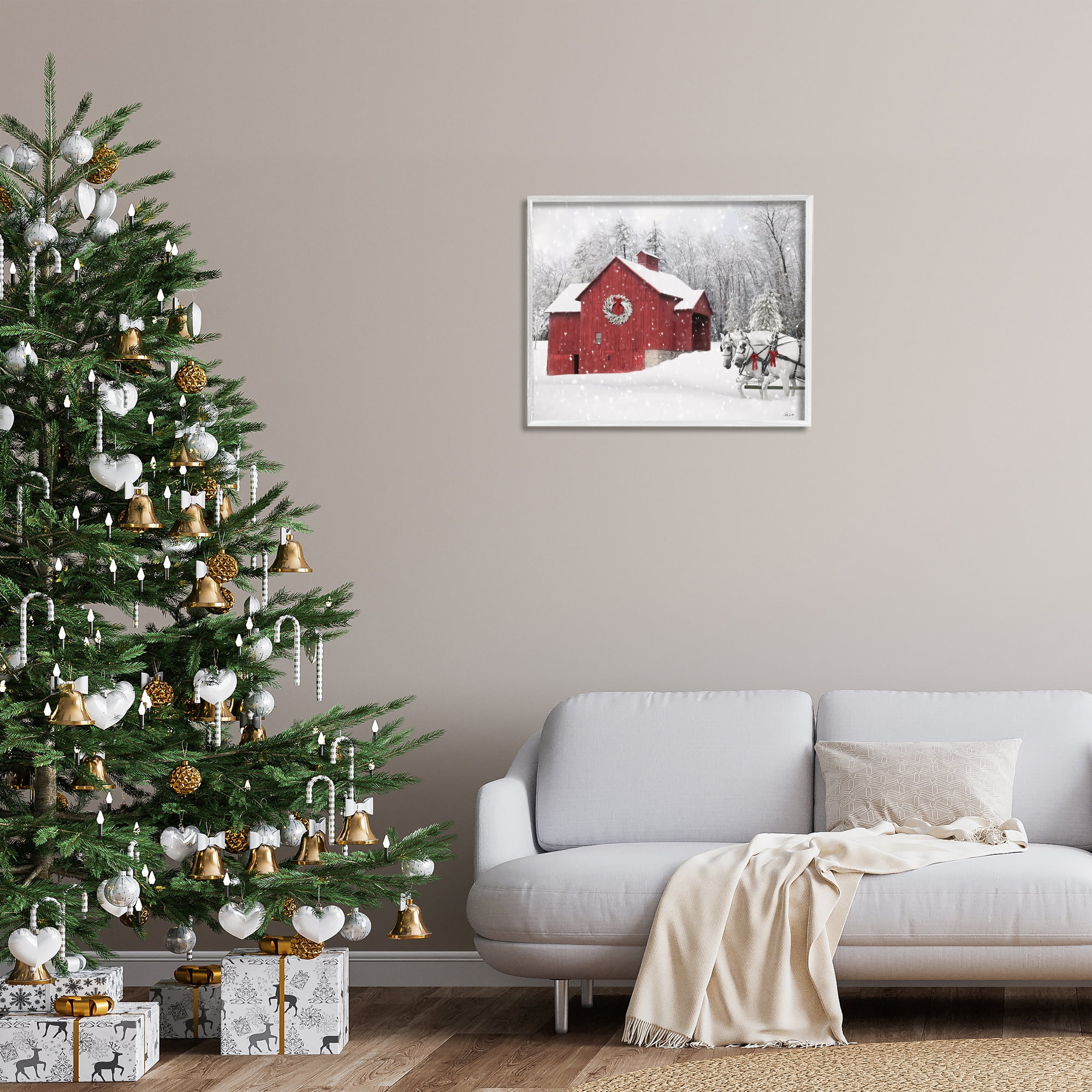 Stupell Industries Snow Covered Red Barn Holiday Painting White Framed Art Prints Wall Art, 30 x 24