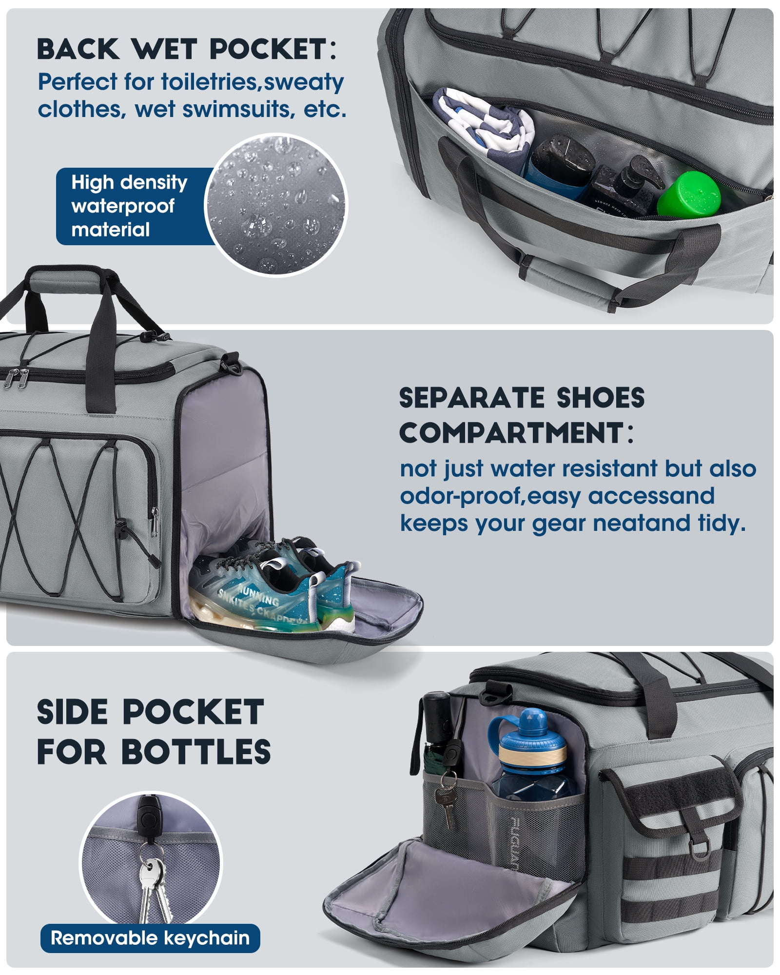 Gym Bag for Men 45L Sports Duffel Bags 3-in-1 Travel Duffel Bag with Shoe Compartment,Gym Workout Backpack Weekender Bag Overnight Bag for Travel, Grey