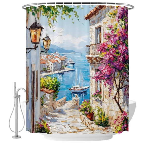 Small Stall Shower Curtain 48x72 Inch Narrow Half Size Summer City Bath Curtains Bathroom Decor, Farmhouse Romantic Ocean Beach Ship House Waterproof Fabric Shower Curtain Set with Hooks 48 Inch
