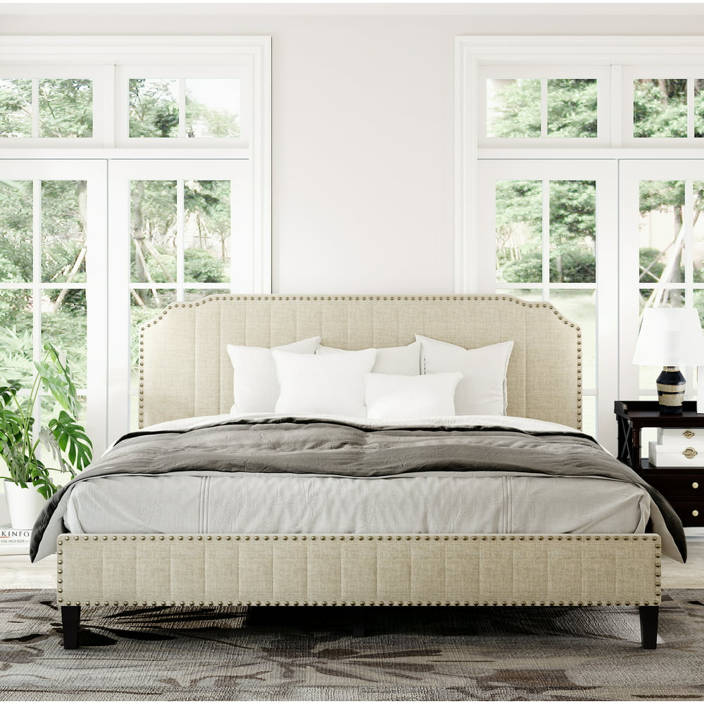 Cream Upholstered Platform Bed, King Size Bed Frame with Solid Wooden