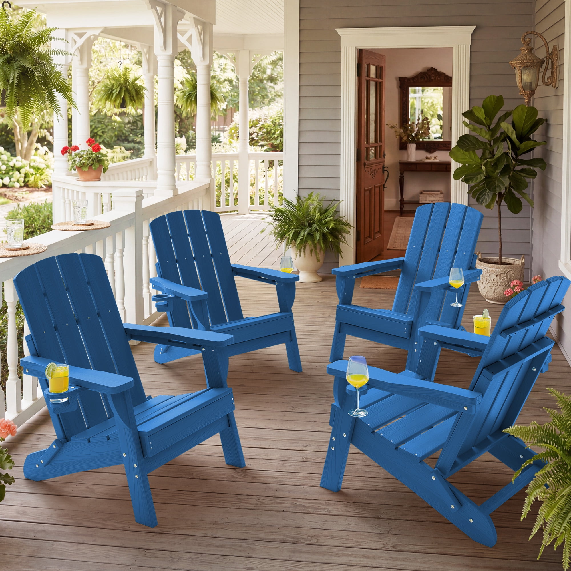 Adirondack Chair Set of 4, Outdoor Folding All-Weather HDPE Adirondack Chairs with 2 Cup Holders for Patio, Blue