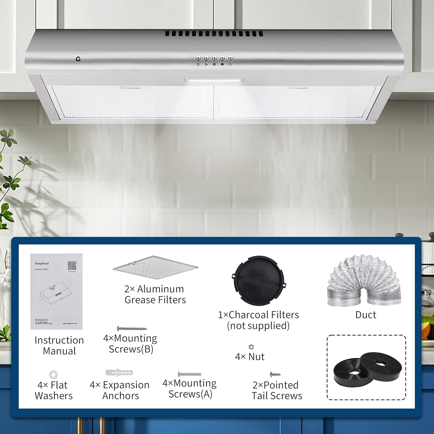 Juiluna Range Hood 30 Inch Under Cabinet, Stainless Steel Stove Vent Hood, 200CFM, 3-Speed Exhaust Fan, Button Controls, LED Lights, Reusable Baffle Filters, Silver