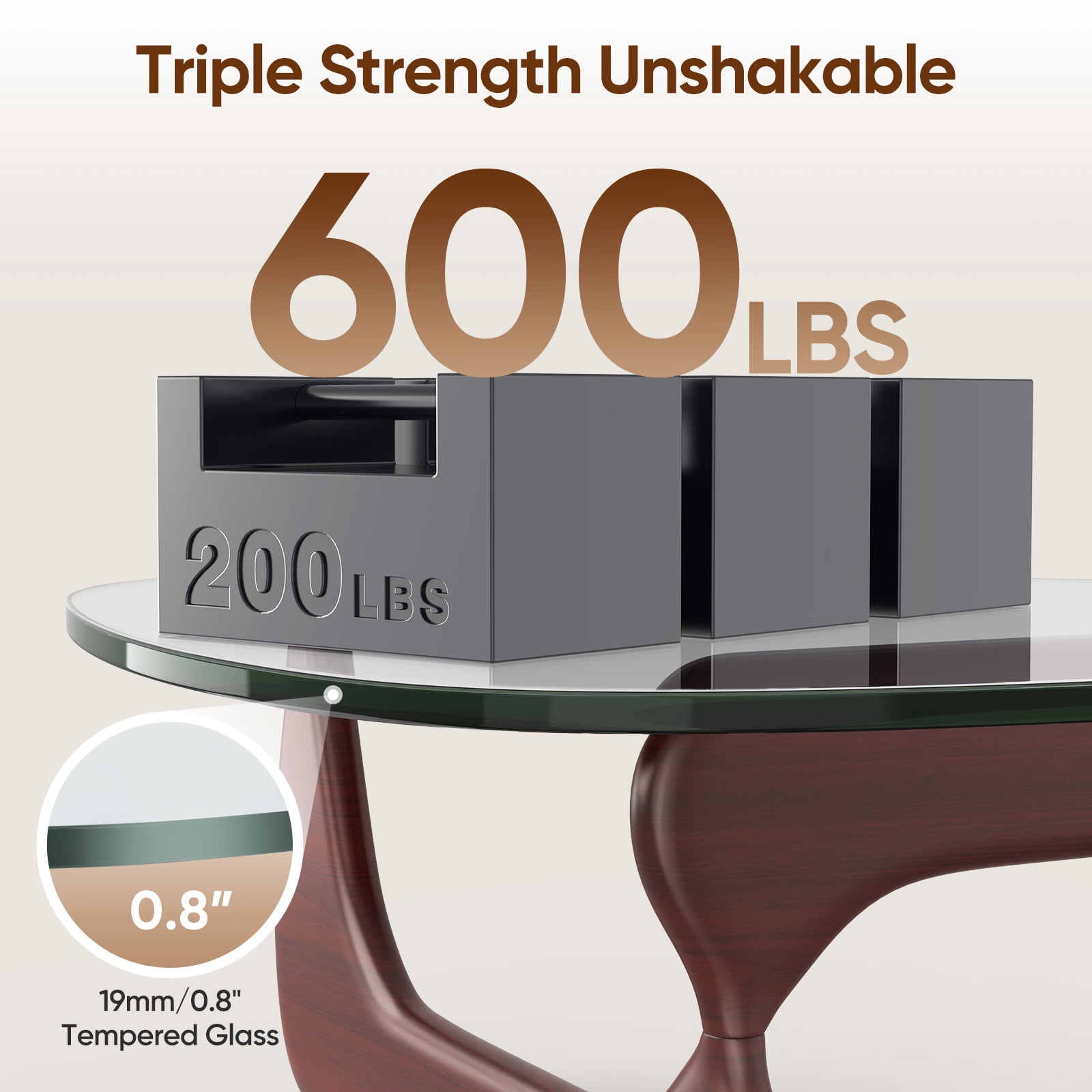 Cottinch 50" Triangle Glass Coffee Table with Wood Base for Living Room Office, Dark Walnut