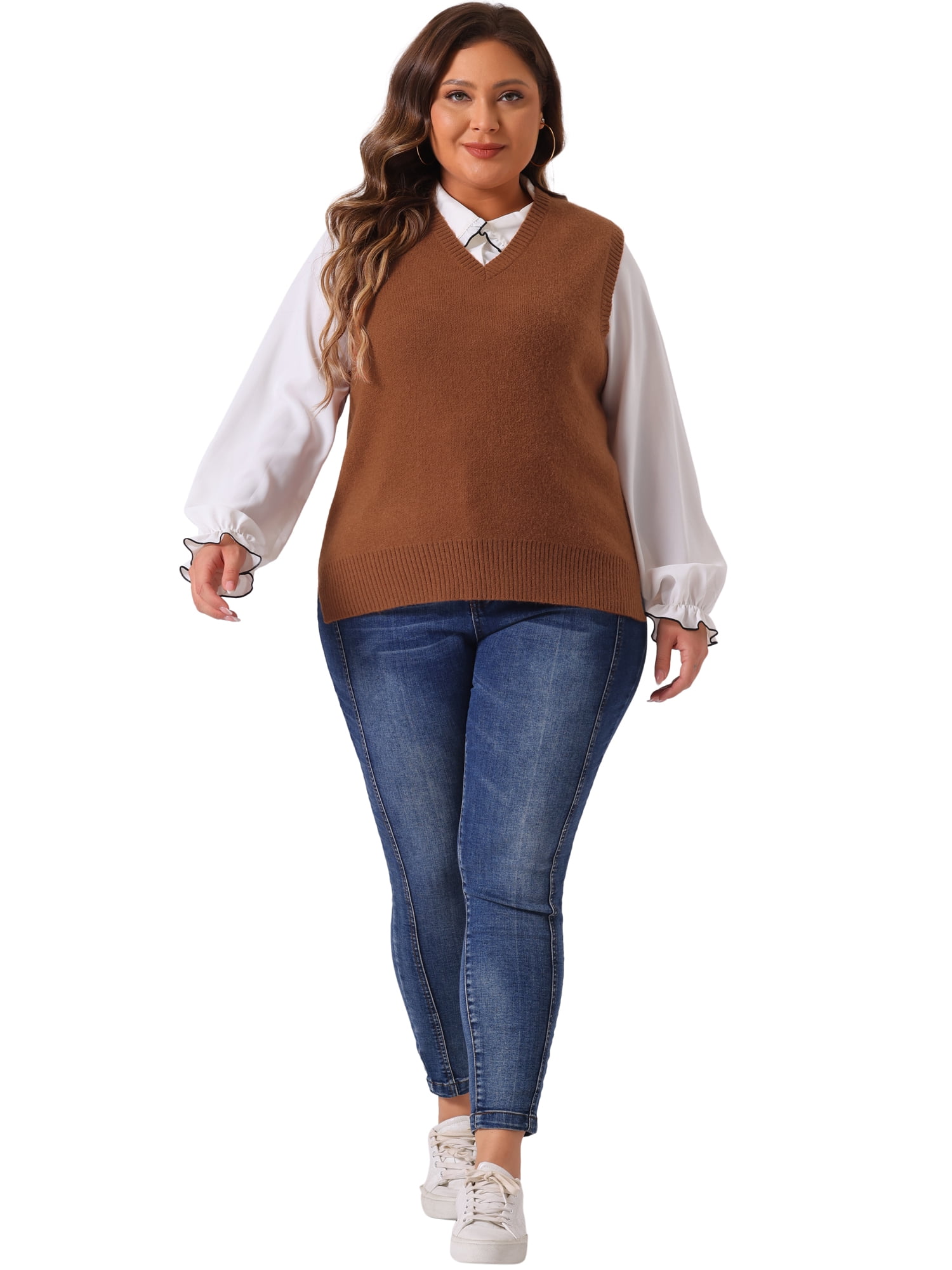 DARING DIVA Women's Plus Size V Neck Knit Sweater Vest 3X Brown