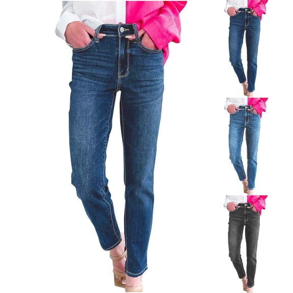 Yourumao Straight Leg Jeans for Women Retro Elastic Waisted Jeans Solid Denim Pants Summer Classic Jean Trousers with Pocket