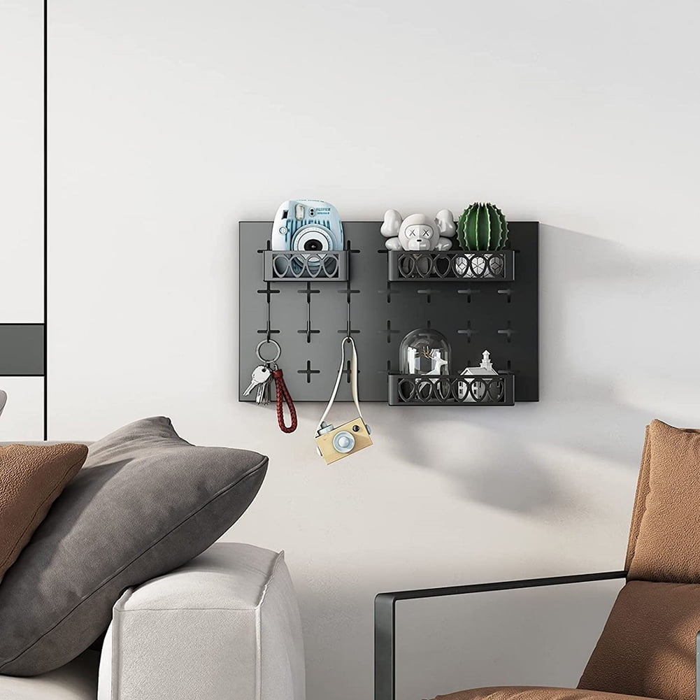 Kadyn Wall Mounted The Nailboard Display Organizer, Pegboards for wall Organizer, Metal Key Hooks with 3 Baskets and 3 Hooks, Black
