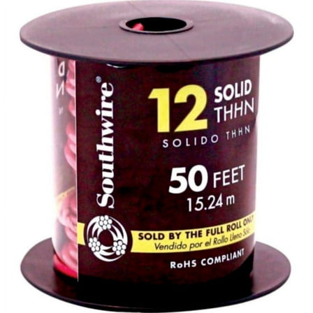 Southwire 11589937 Solid THHN Building Wire, 12 Gauge, Red, 50'