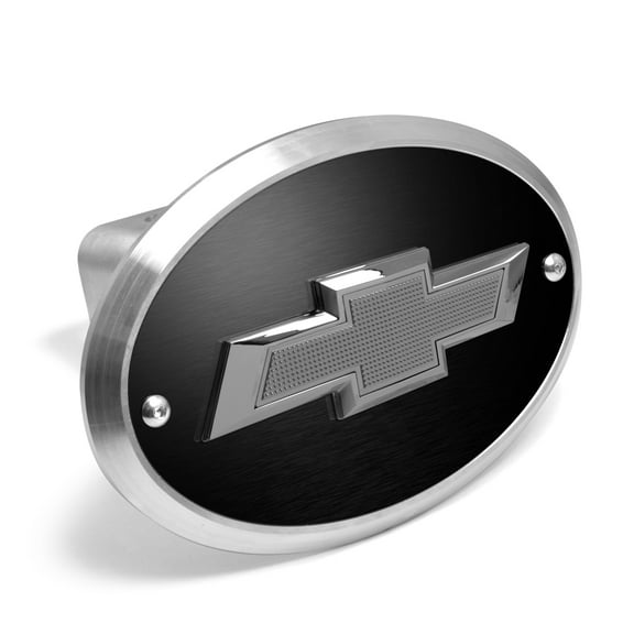 iPick Image for Chevrolet 3D Gunmetal Dark Gray Logo on Black Plate Oval Brushed Silver Billet Aluminum 2-inch Tow Hitch Cover, Official Licensed