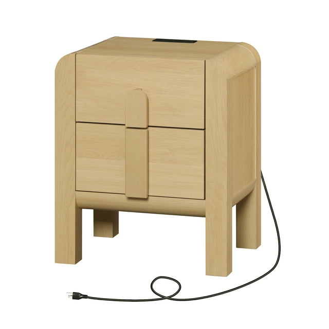 WAMPAT Table de Nuit Moderne, 23,7 Pouces de Hauteur, Table de Chevet en Bois, Station de Recharge, 2 Tiroirs de Rangement, Design Courbé, Table d'Appoint pour Sofa, Table de Bout, Chambre, Salon, Chêne
