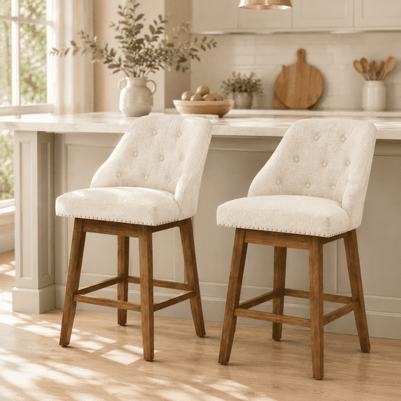 Guqiart 26" Swivel Counter Height Bar Stools Set of 2, Upholstered Tufted Bar Chairs with Wood Legs & Footrest for Kitchen Island, Beige