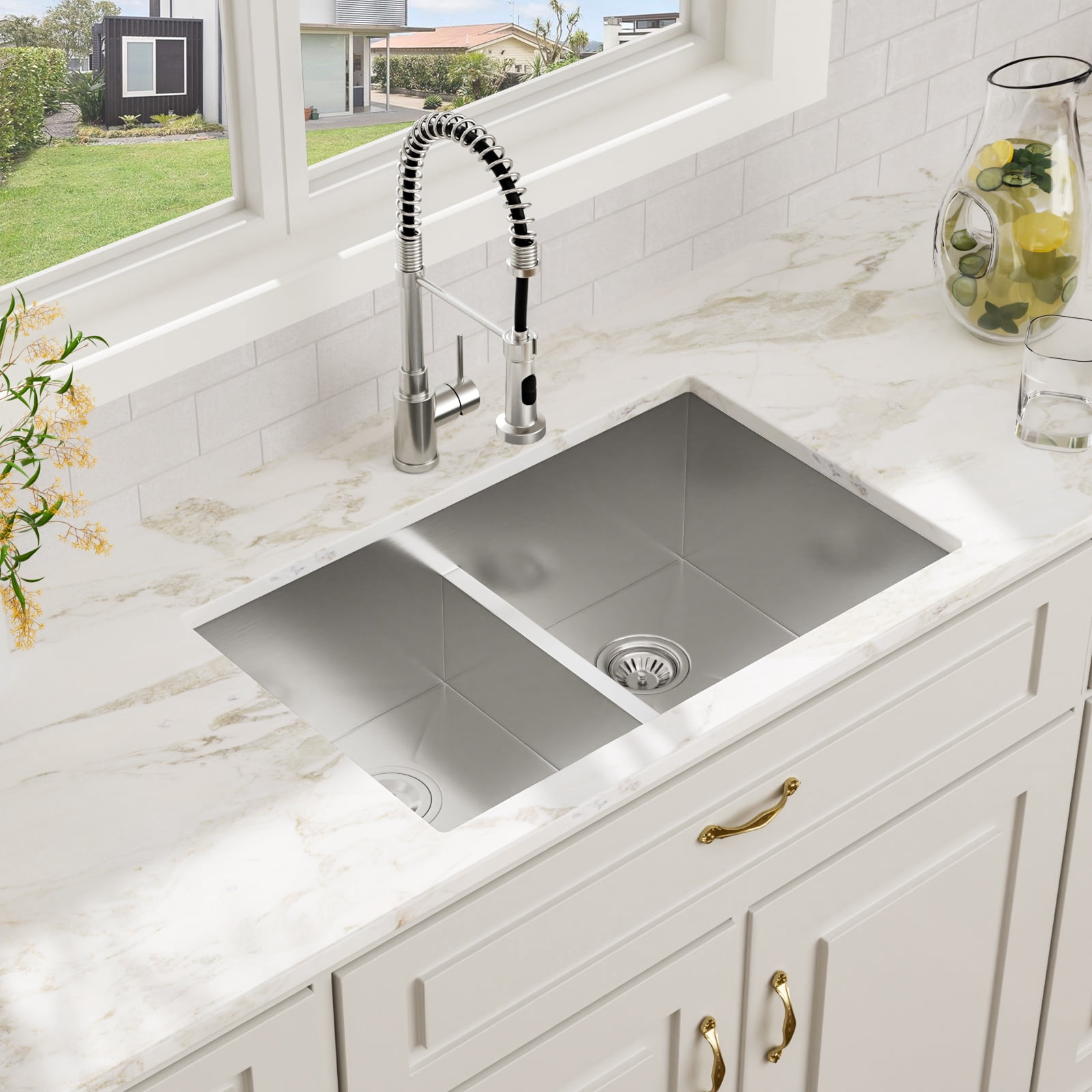 30 in. Undermount 50/50 Double Bowl 16-Gauge Stainless Steel Low Divided Kitchen Sink with 2 Pcs Bottom Grids/Drains