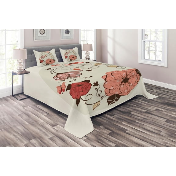 Ambesonne Vintage Quilted Coverlet 3 Pcs, Flowers Ornate Egg Shape, Queen Size, Dust Multicolor