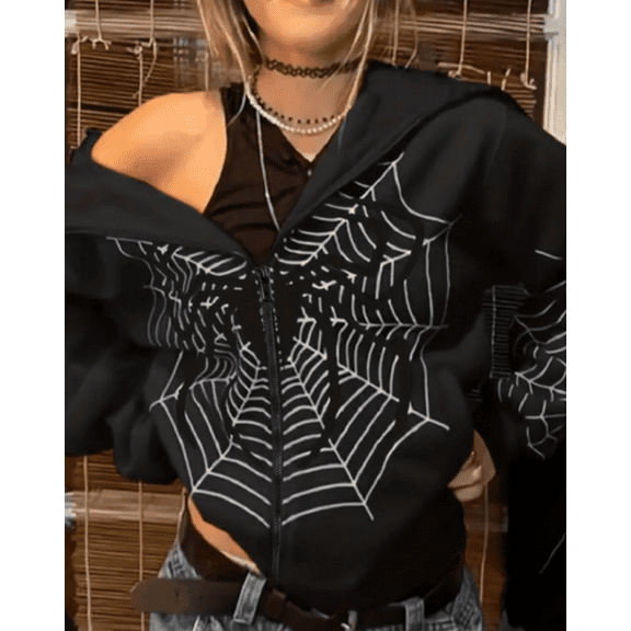 Women's Y2K Spider Web Graphic Hoodie-Black & White Zip-Up Sweatshirt, Long Sleeve Hooded Jacket for Halloween