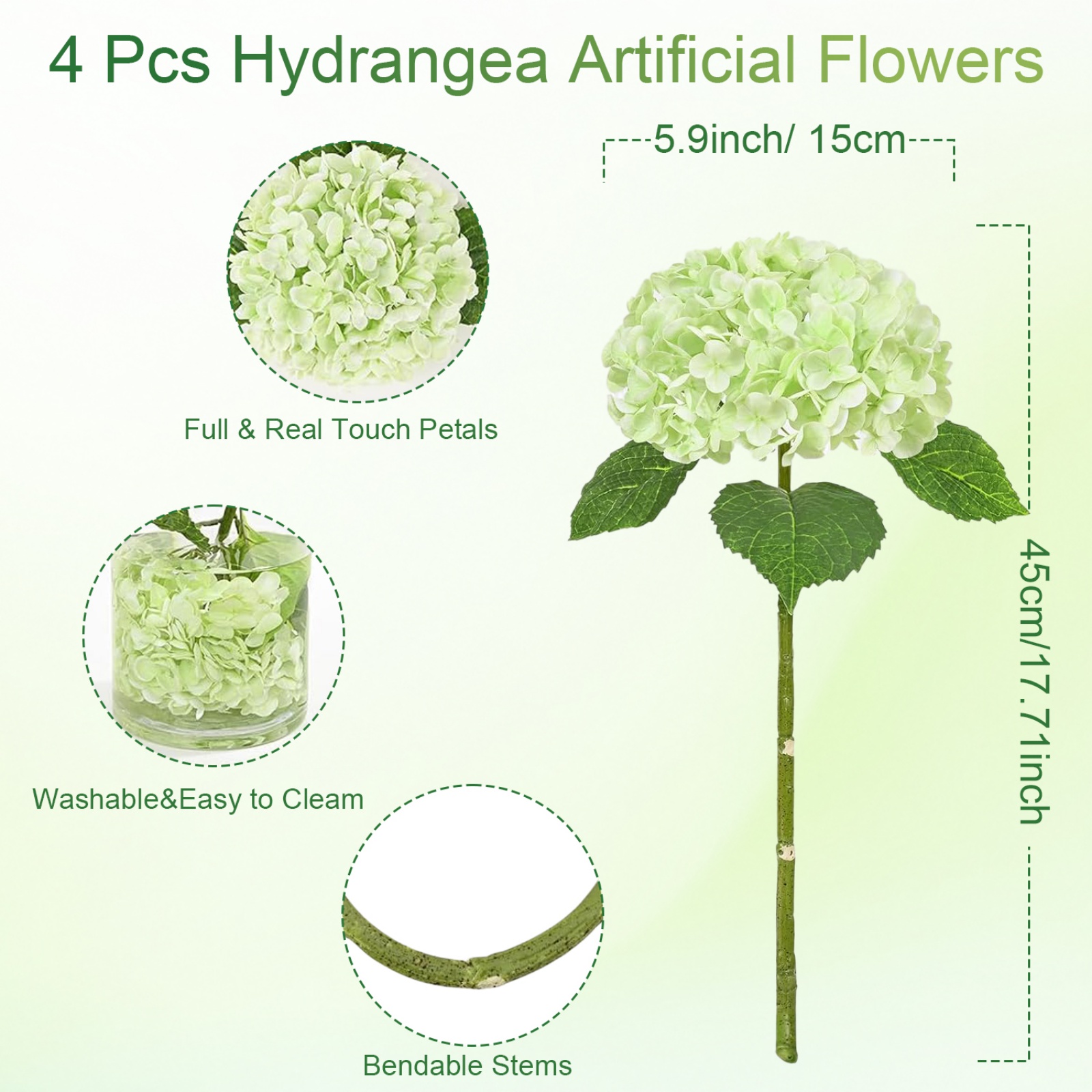 4Pcs Real Touch Hydrangea Artificial Flowers, Fake Hydrangea Flowers, 17" Lifelike Faux Hydrangea Flowers for Wedding Bouquet Home Decor Centerpieces green